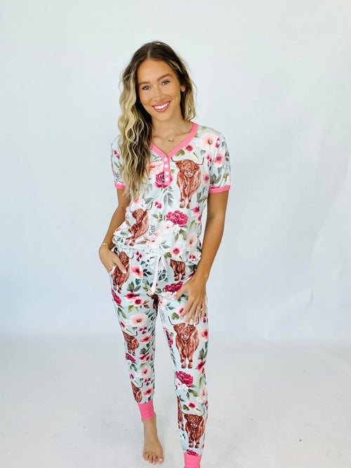 Floral Cow Pajama Set (Light Sage)