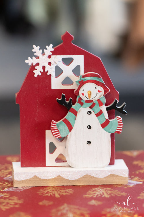 Wood Snowman Christmas Barn Tabletop Sign