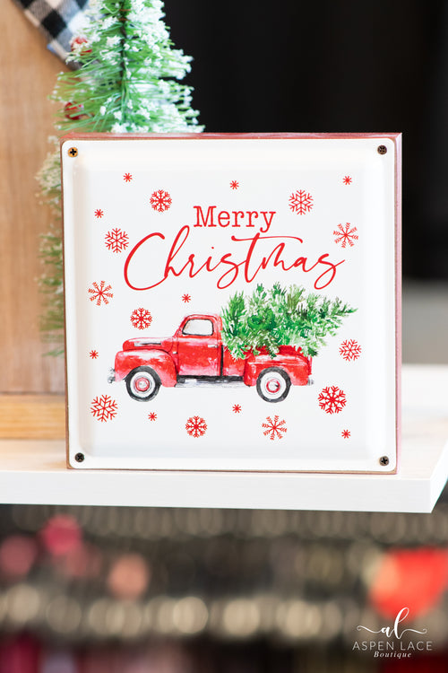 Wood Box with Enamel Print Christmas Design Trucks