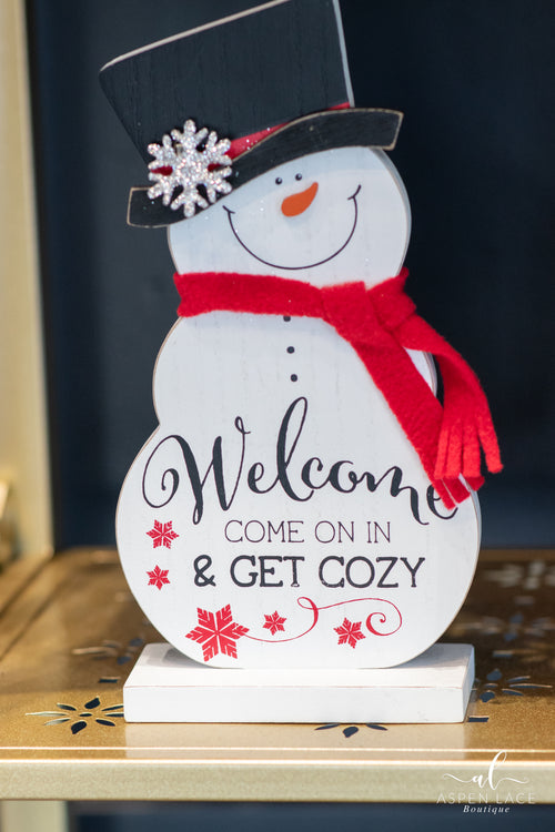 Wood Tabletop Snowman Sign with Knitted Scarf