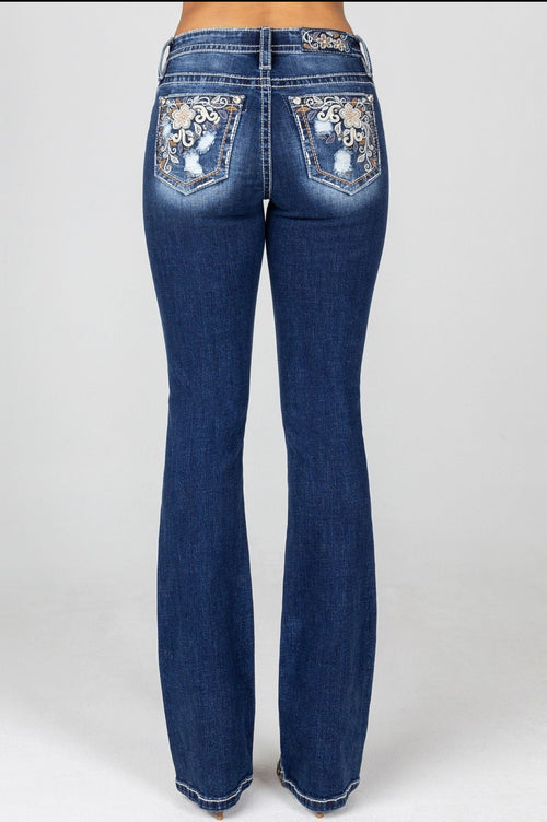 Miss Me Rust Floral Stitch Bootcut Jeans