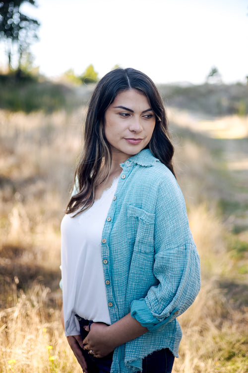 Gina Acid Wash Button Up (Dusty Teal)