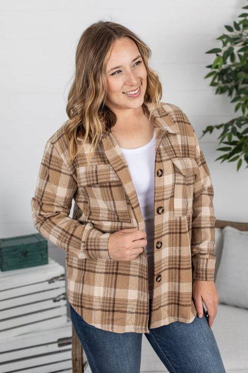 Hooded Plaid Shacket (Tan Mix)