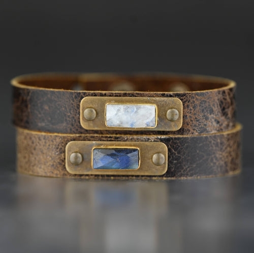 Leather Stacker Cuff with Semi Precious Moonstone (Weathered Brown)